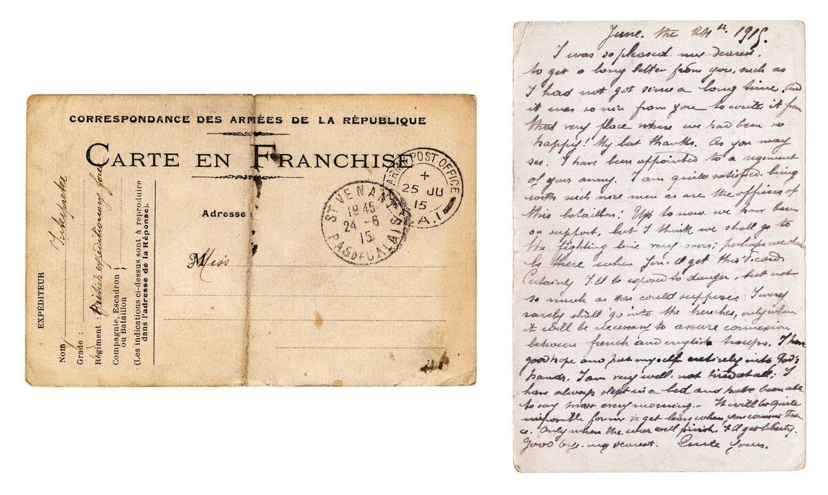 A wartime postcard sent from a French interpreter in the trenches to his girlfriend in England in 1915. Picture: iStock