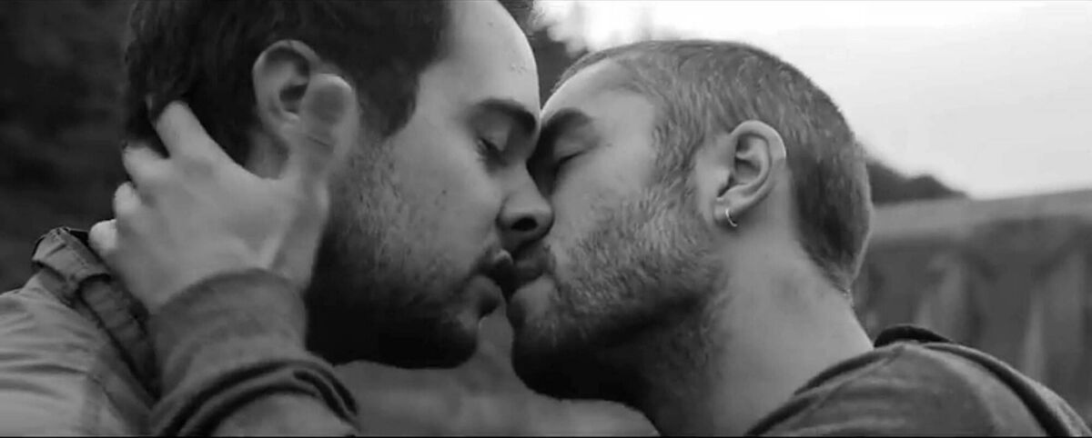 Dripsey kiss? Scene in Hozier's Take me to Church was viewed many hundreds of millions of times, featuring local Emmet O'Riabhaigh, left, and Daniel Coughlan. Cronody's Patrick Sheahan  played the homophobe 