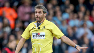 <p>Jerome Garces, refereeing a Munster clash in the Champions Cup in 2018. The French whistler has been drafted into the national sides' training camp to officiate training games and take video sessions. Picture: INPHO/Dan Sheridan</p>