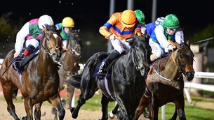 <p>Visualisation and Shane Crosse (centre) win the Irishinjuredjockeys.com (C &amp; G) Maiden from Devil's Outlaw (left) and Benavente (right) last month. Benavente will be looking for a better result this time out. Picture: Healy Racing</p>
