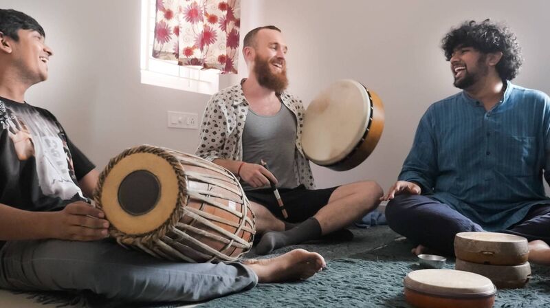 Ruairi with mridangam player Sachin Prakash  and kanjira player Sunaad Anoor.