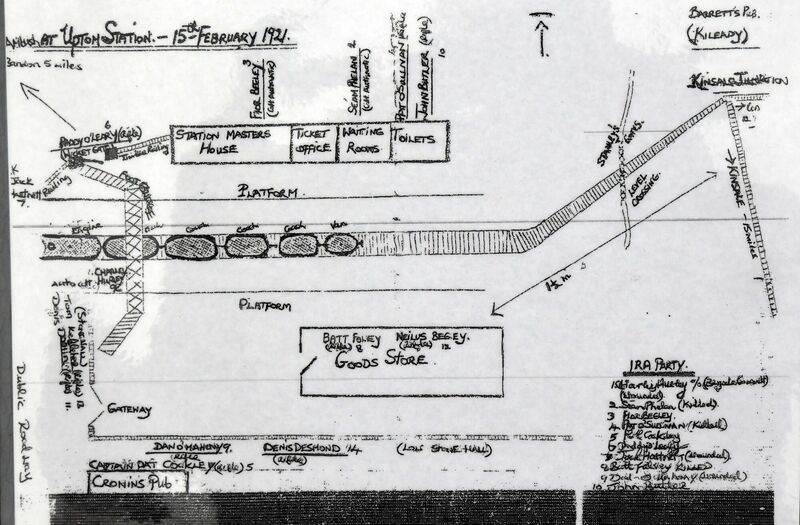 A diagram of the positions of volunteers on the day of the Upton Railway Ambush in 1921 in Co. Cork. A diagram of the positions of volunteers on the day of the Upton Railway Ambush in 1921 in Co. Cork.