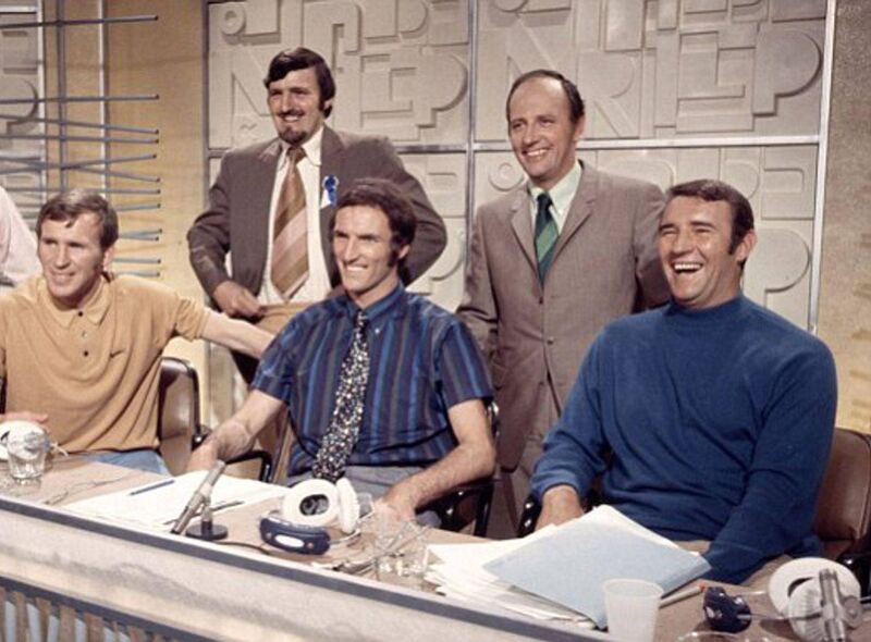 Derek Dougan, seated middle, and Malcolm Allison, seated right, with Paddy Crerand, Jimmy Hill, and Brian Moore. Derek Dougan, seated middle, and Malcolm Allison, seated right, with Paddy Crerand, Jimmy Hill, and Brian Moore.