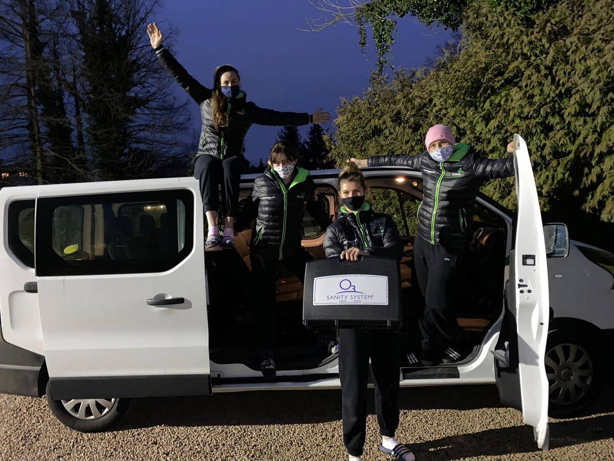 Irish rowers (from right to left): Sanita Puspure, Monika Dukarska Claire Ferrick, Aifric Keogh pictured alongside Rowing Ireland's new Fiat van. The vehicle is part of a new partnership agreement with Sanity System which was announced on Friday. The four are currently training in Varese Italy. Picture: Rowing Ireland