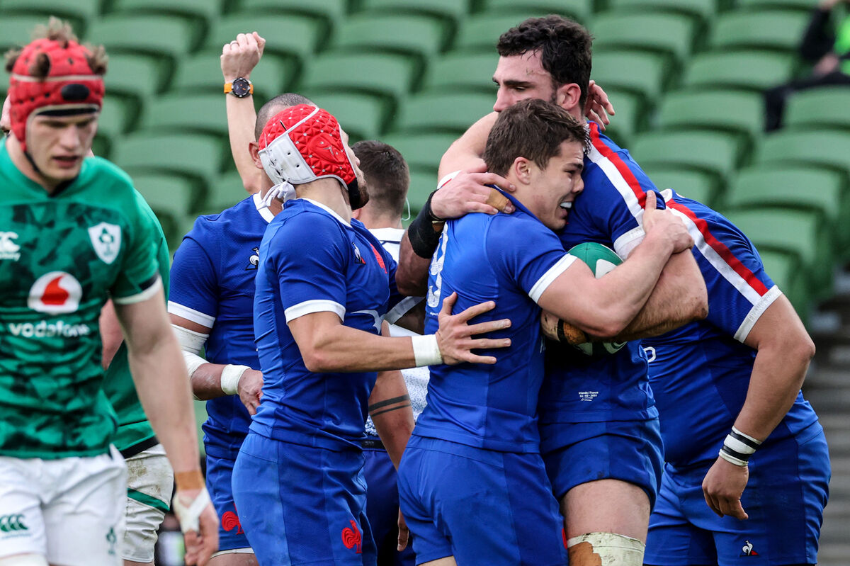 France's Charles Ollivon celebrates after scoring a try with Antoine Dupont. Picture: INPHO/Billy Stickland