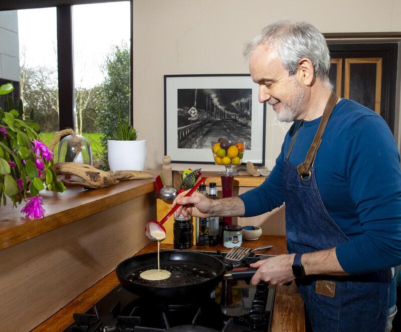 If you are feeling adventurous, toss your pancake in the pan. It is all in the wrist action. You have to just go for it. A timid toss will give you half tossed pancake folded over on itself