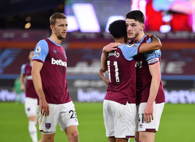 Declan Rice, right, celebrates scoring the opening goal (Justin Setterfield/PA) Declan Rice, right, celebrates scoring the opening goal (Justin Setterfield/PA)