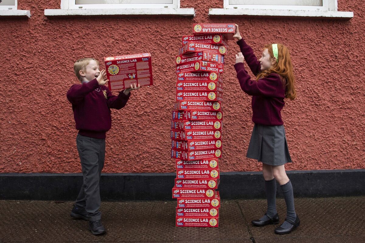 Second class pupils of Shanbally National School Charlie O’Toole and Hannah Foley enjoy science kits donated by Thermo Fisher Scientific to celebrate Science Week last November.