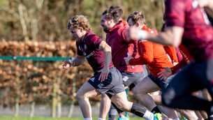 <p>Craig Casey leads the way during a Munster training session yesterday. With an eye to the future, Donal Lenihan believes Casey and Harry Byrne warrant an appearance off the bench in the closing stages in Rome where Ireland travel to face Italy in their next Six Nations clash Saturday week. <span class="contextmenu emphasis CaptionCredit">Picture: Inpho/Morgan Treacy</span>
            </p>