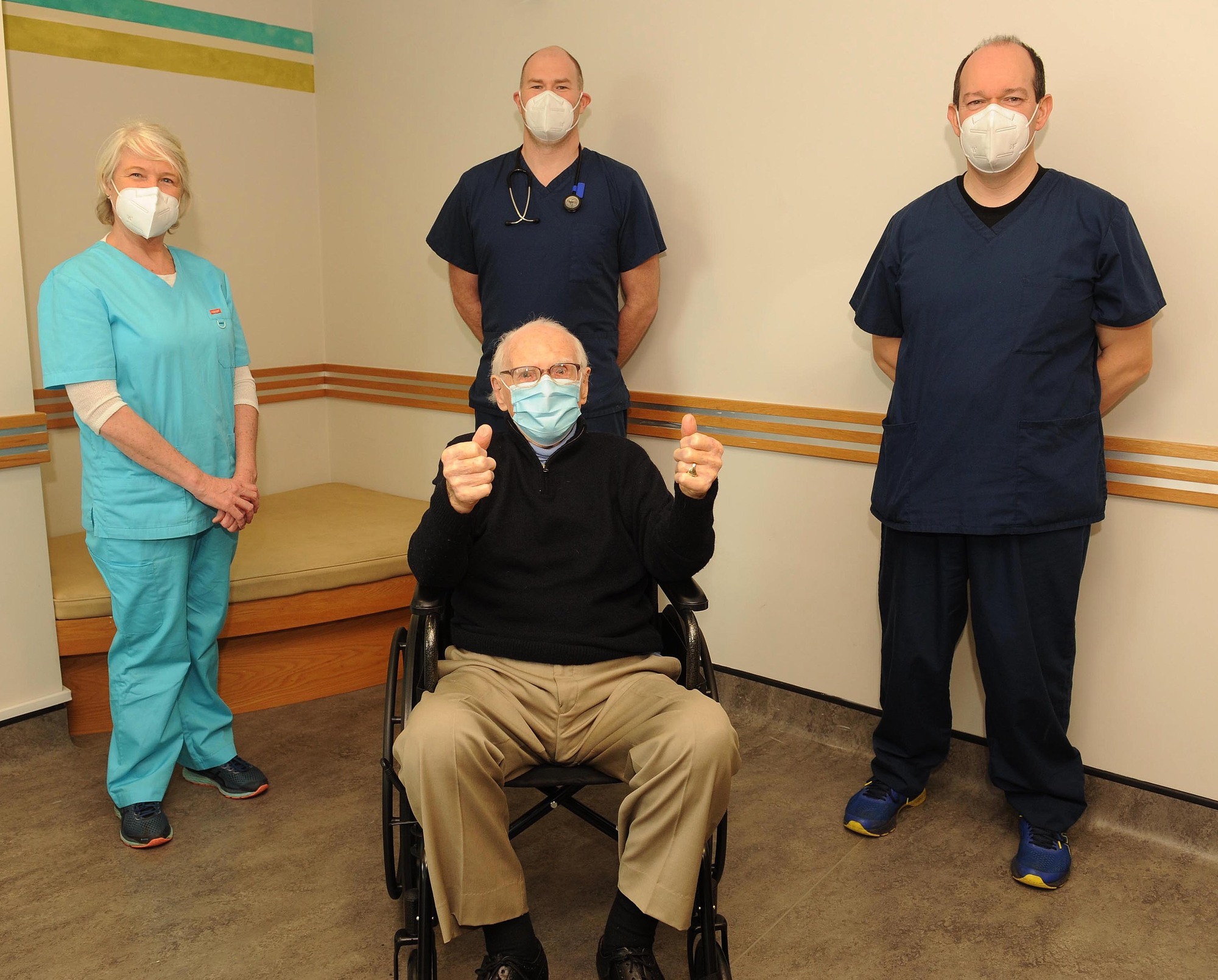 Ireland's oldest man Michael O'Connor (107) after receiving the Pfizer/BionTech Covid vaccine. Also pictured are Dr Eleanor Johnson, Dr Ken Keohane and Dr Darren Quirke at Deenagh Medical Practice, Killarney. Picture: Eamonn Keogh