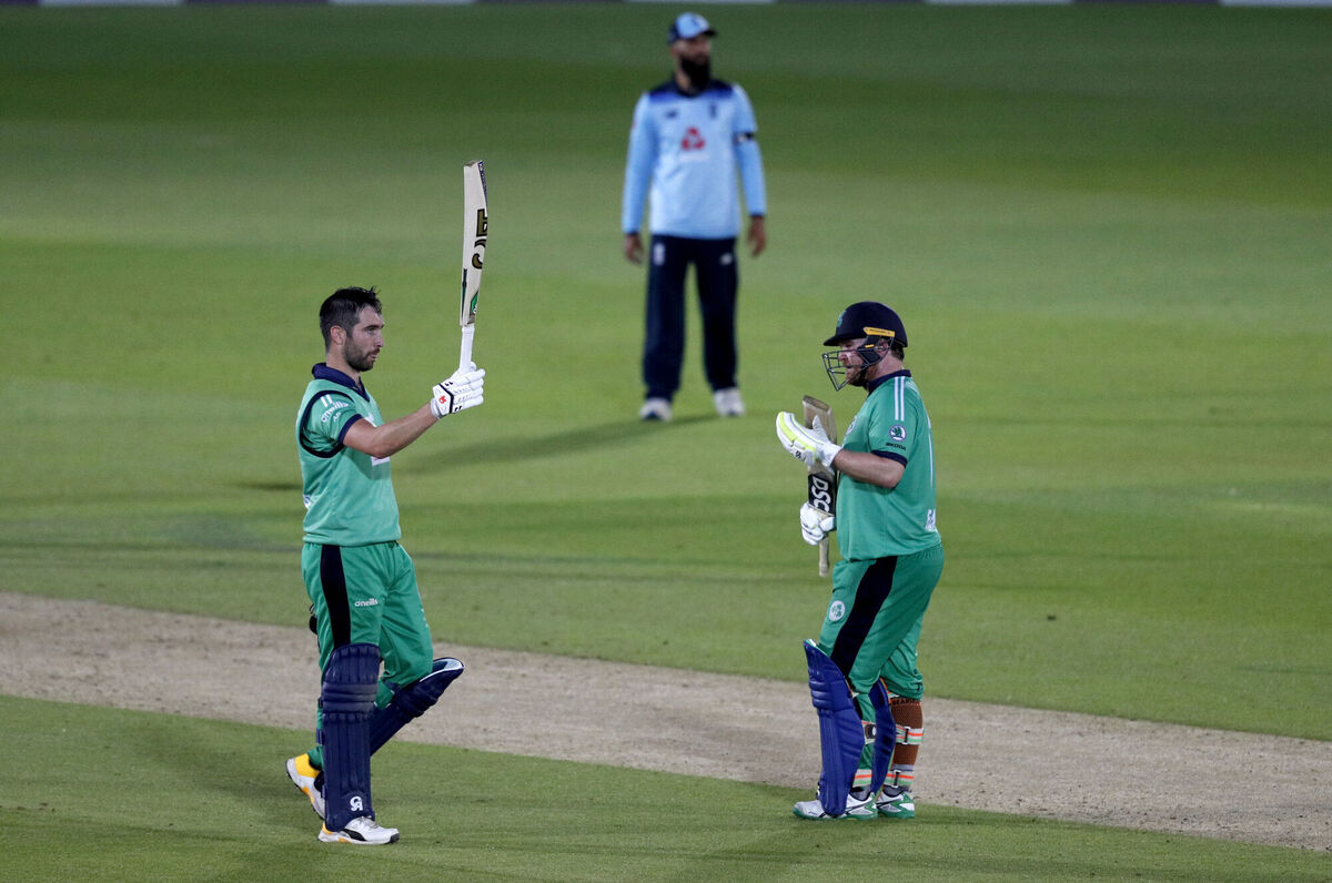 Ireland captain Andrew Balbirnie (left) celebrates reaching his century with team-mate Paul Stirling during the third One Day International against England in Southampton last year. Picture: Adrian Dennis