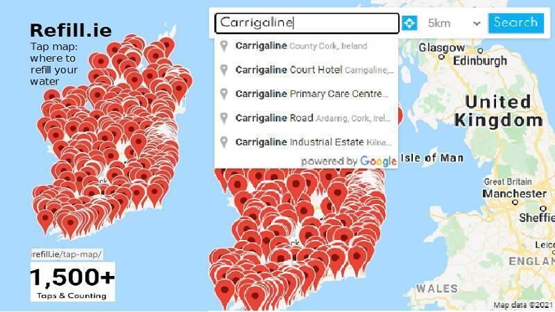The Refill.ie 'Tap Map' (refill.ie/tap-map), an online map to business and venues where people can get a free water refill, thus reducing plastic waste. The Refill.ie 'Tap Map' (refill.ie/tap-map), an online map to business and venues where people can get a free water refill, thus reducing plastic waste.