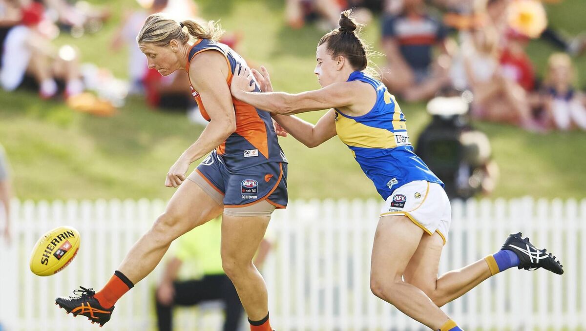 Highlights tonight at 8pm on TG4: Cora Staunton of the Giants kicks a goal during the round four AFLW match between the GWS Giants and the West Coast Eagles at Blacktown International Sportspark on February 21, 2021 in Sydney, Australia. Pic: Brett Hemmings/Getty Images