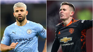 <p>Sergio Aguero and Dean Henderson (Michael Regan/Martin Rickett/PA).</p>