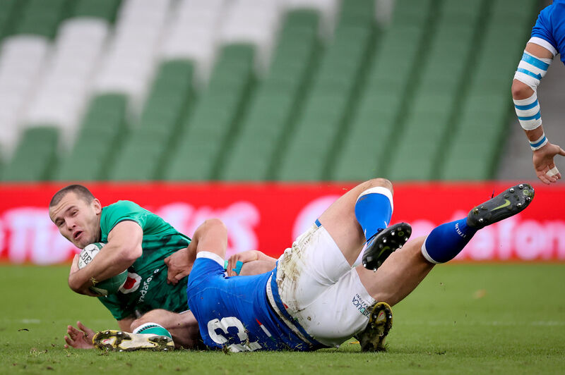 Ireland's Jacob Stockdale is tackled by Carlo Canna and Luca Morisi of Italy during last year's Six Nations clash between the sides in Dublin. Picture: INPHO/Billy Stickland Ireland's Jacob Stockdale is tackled by Carlo Canna and Luca Morisi of Italy during last year's Six Nations clash between the sides in Dublin. Picture: INPHO/Billy Stickland