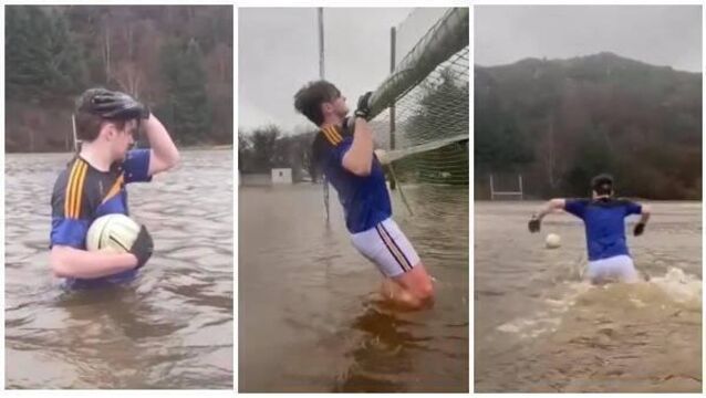 <p>19-year-old Damien Switzer, who plays with Glenflesk GAA Club, woke up to find the smaller club pitch where he trains already under water.</p>