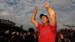 <p>The USA team captain Paul Azinger celebrates after the USA 16 1/2 - 11 1/2 victory on the final day of the 2008 Ryder Cup at Valhalla Golf Club. Picture: Harry How</p>