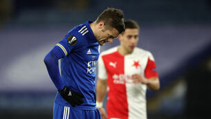 <p>Jamie Vardy was left dejected as Leicester were knocked out of the Europa League. Picture: Nick Potts</p>