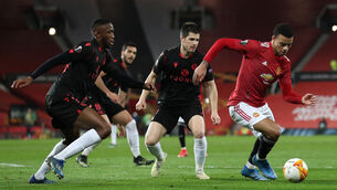 <p>Manchester United's Mason Greenwood (right) in action during the UEFA Europa League match </p>