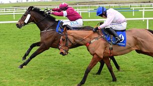 <p>Choungaya and Rachael Blackmore, left, en route to victory at Fairyhouse earlier this month. 	Picture: Healy Racing</p>