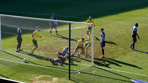 <p> Adam Idah scores Norwich City's second goal at Adams Park, Wycombe. Picture: John Walton/PA</p>