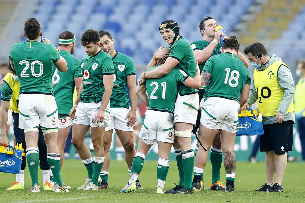 Ireland's Craig Casey with Ryan Baird after they both made their international debut. Picture: INPHO/Matteo Ciambelli