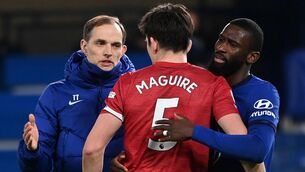 <p>Chelsea manager Thomas Tuchel with Antonio Rudiger (right) and Manchester United's Harry Maguire after the Premier League match at Stamford Bridge, London. Picture: Andy Rain/PA Wire.</p>