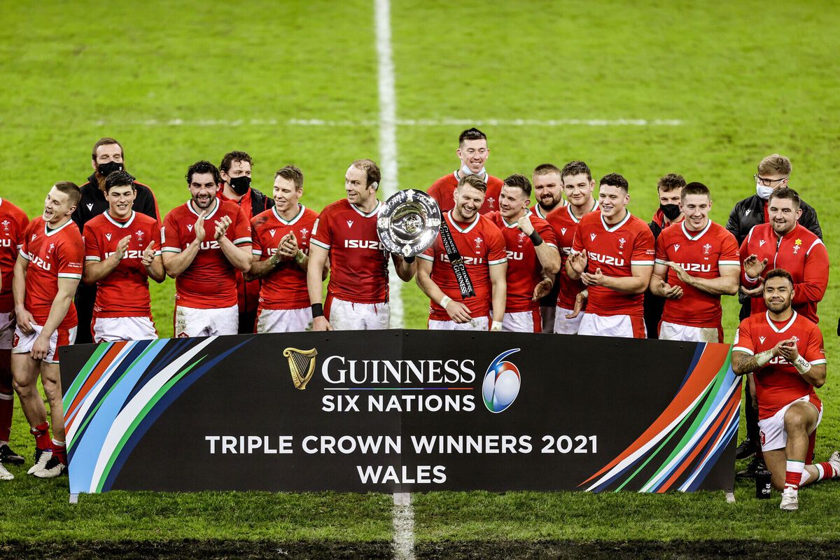 The Wales team celebrate winning the Triple Crown after victory over England in the Guinness Six Nations match at the Principality Stadium on Saturday. Wales are still on track for an unlikely Grand Slam, with two rounds of the competition to go. 	Picture: Laszlo Geczo
                    