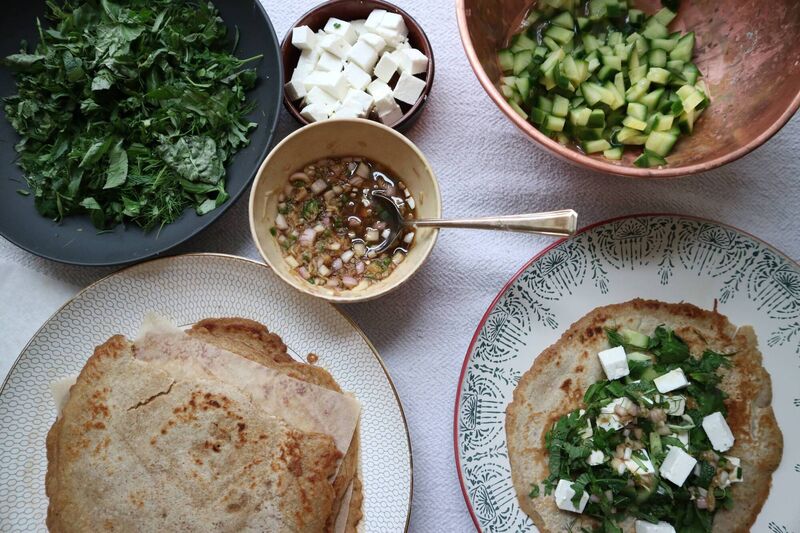 Oat pancakes with herb salad, feta and ginger dressing: an accidental hit for the Currabinny Cooks. Oat pancakes with herb salad, feta and ginger dressing: an accidental hit for the Currabinny Cooks.