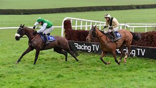 <p>Saint Benedict (nearest) looks the part in the  Maiden Hunters Chase at Clonmel. Picture: Healy Racing. </p>