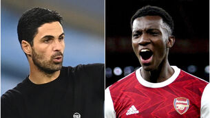 <p>Mikel Arteta admits he is worried about the development of striker Eddie Nketiah (Michael Regan/PA/Will Oliver/PA)</p>