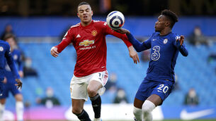 <p>Chelsea’s Callum Hudson-Odoi, right, was not penalised for handball in his side’s match against Manchester United last Sunday. Picture: PA</p>