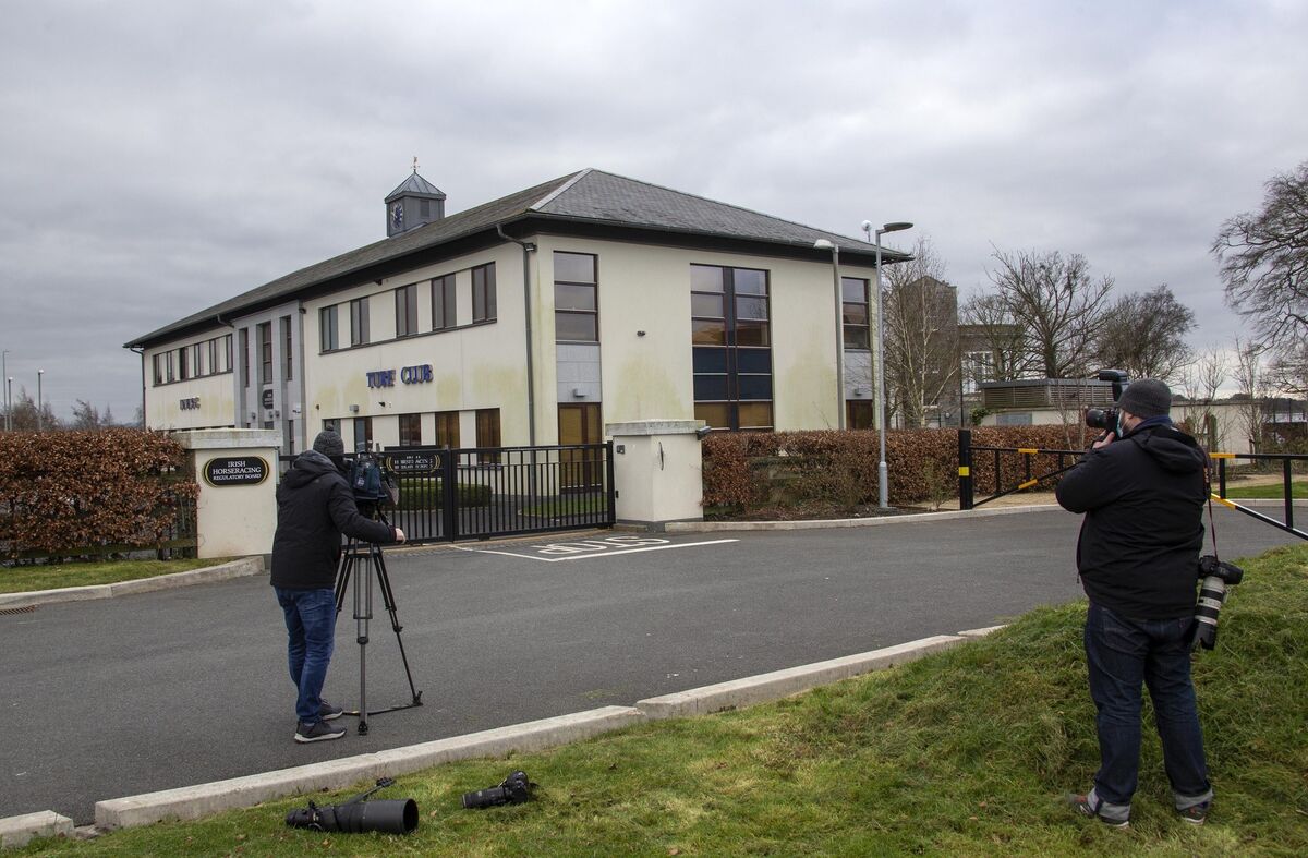Members of the media at the headquarters of the Irish Horse Racing Regulatory Board at the Curragh this morning, waiting for the appearance of trainer, Gordon Elliott. Picture: Colin Keegan / Collins