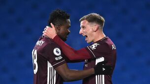 <p>Leicester City's Daniel Amartey (left) celebrates scoring the winning goal at the American Express Community Stadium, Brighton</p>