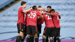 <p>Manchester United's Luke Shaw (centre) celebrates scoring their side's second goal of the game with team-mates during the Premier League match at the Etihad Stadium, Manchester. Picture: Dave Thompson/PA Wire.</p>