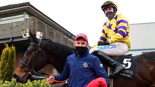 <p>Feelgood Island and Sean O’Keeffe with James Rath after winning the Connolly's Red Mills Irish EBF Auction Hurdle at Down Royal last December. Picture: Healy Racing</p>