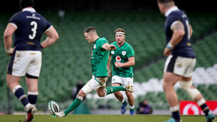 <p>Ireland's Johnny Sexton takes a kick against Scotland last December. Picture: INPHO/Laszlo Geczo</p>