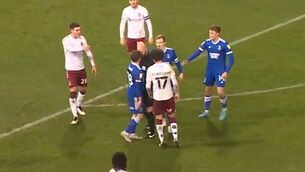 <p>Screengrab taken from Sky Sports of Referee Darren Drysdale who was involved in an apparent confrontation with Ipswich midfielder Alan Judge </p>