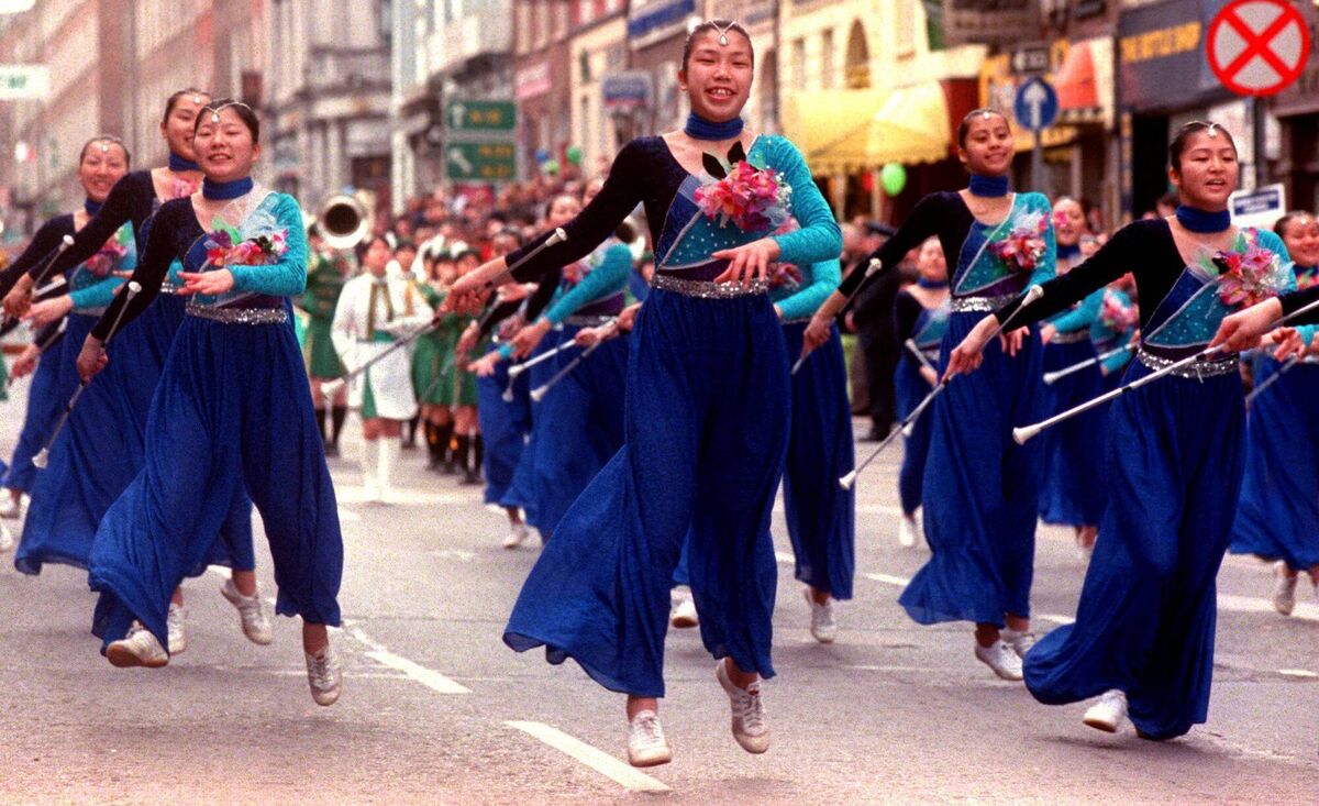 The Sanyo Girls H.S. Band and Twirlers from Hiroshima, Japan dancing in 2000. Picture: Denis Minihane.