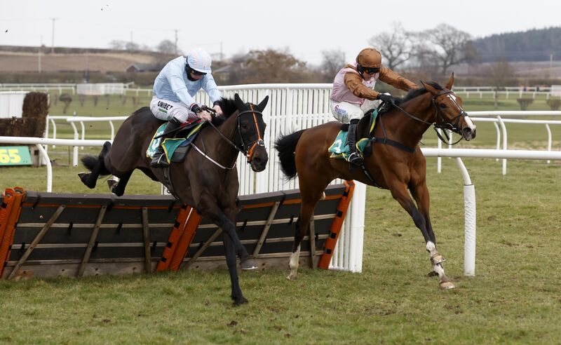 Cheltenham contender The Shunter and Alain Cawley, left, en route to winning the Morebattle Hurdle in Kelso. Picture: Healy Racing
                    