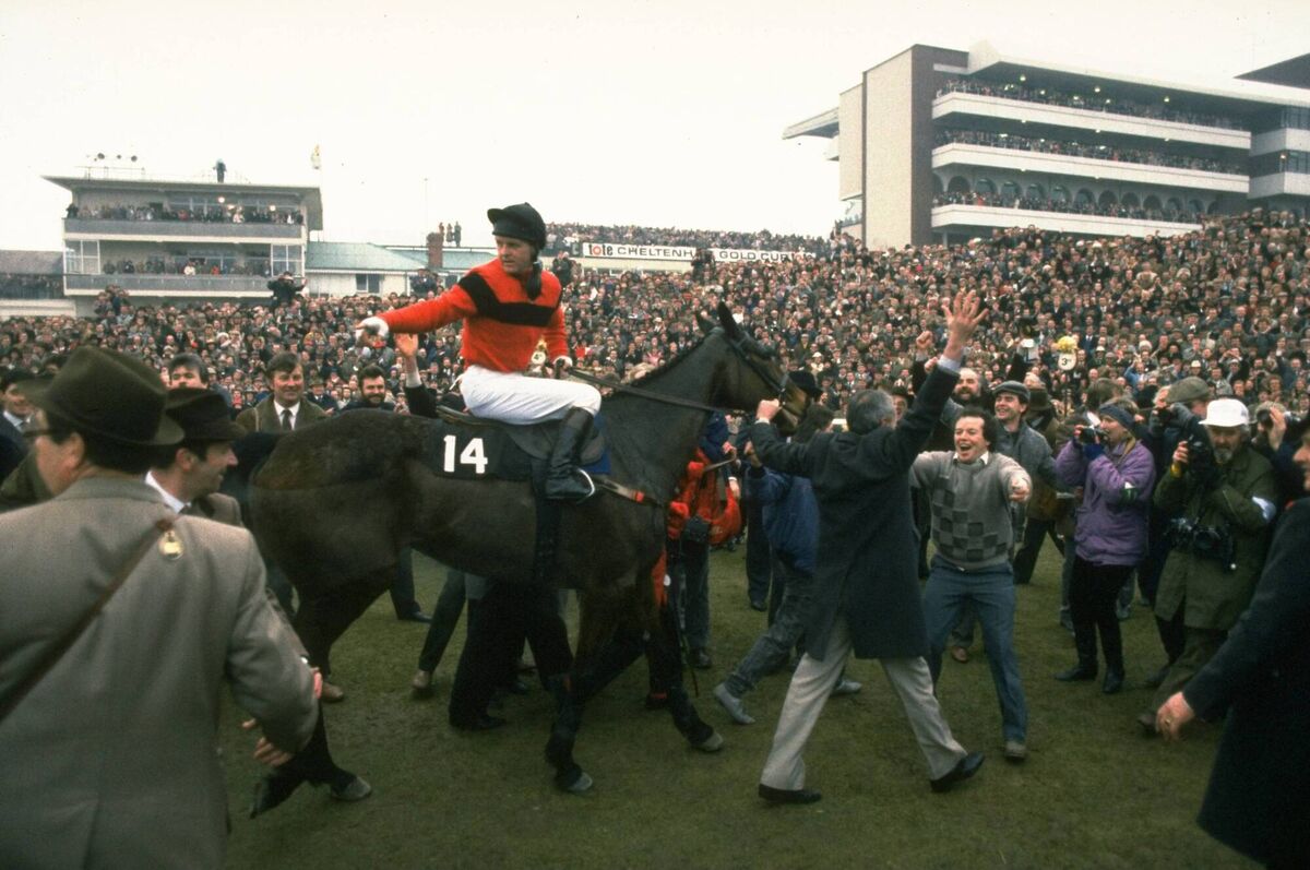 Jonjo O’Neill is led back in on Dawn Run after winning the 1986 Gold Cup. In doing so she became the first horse to complete the Champion Hurdle/Gold Cup double. 	Picture: Allsport UK