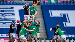 <p>Scotland’s Nick Haining competes in the air with Ireland’s Jack Conan in yesterday’s Six Nations clash. <span class="contextmenu emphasis CaptionCredit">		Picture: INPHO/Tommy Dickson</span>	</p>