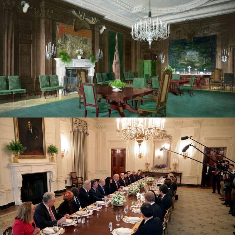 The State Dining room as decorated by President Roosevelt in 1902 and President Trump, who changed little from Michelle Obama's renovation. Pictures: White House Museum/ Getty Images