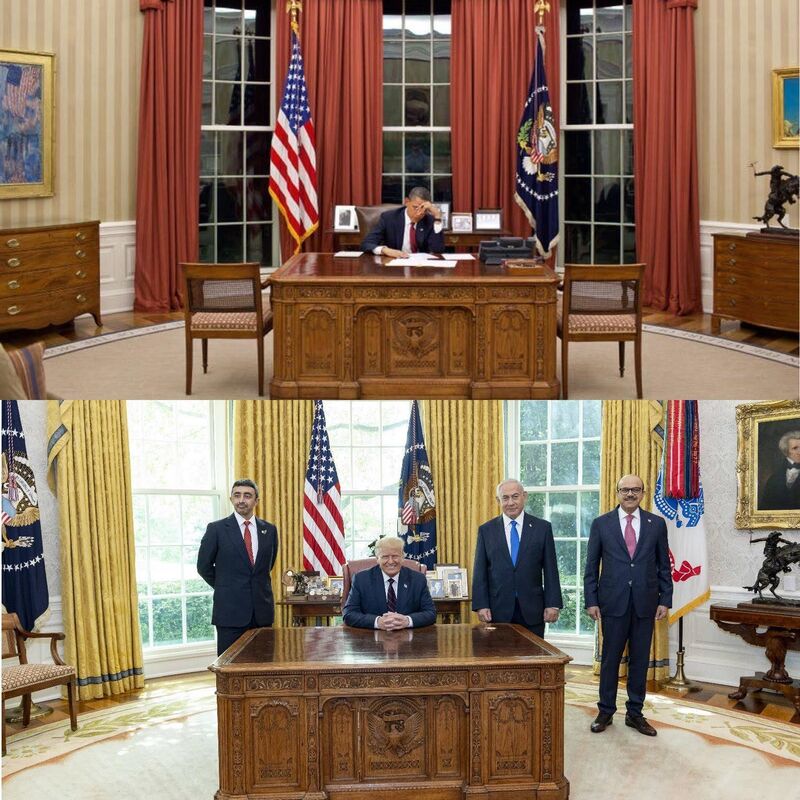 The Oval Office as decorated by Presidents Obama and Trump. Pictures: White House Museum/Getty Images