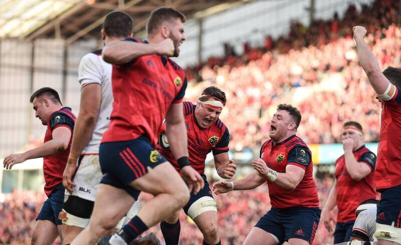 CJ Stander celebrates scoring Munster's second try against Toulouse at Thomond Park in 2017. Photo by Diarmuid Greene/Sportsfile