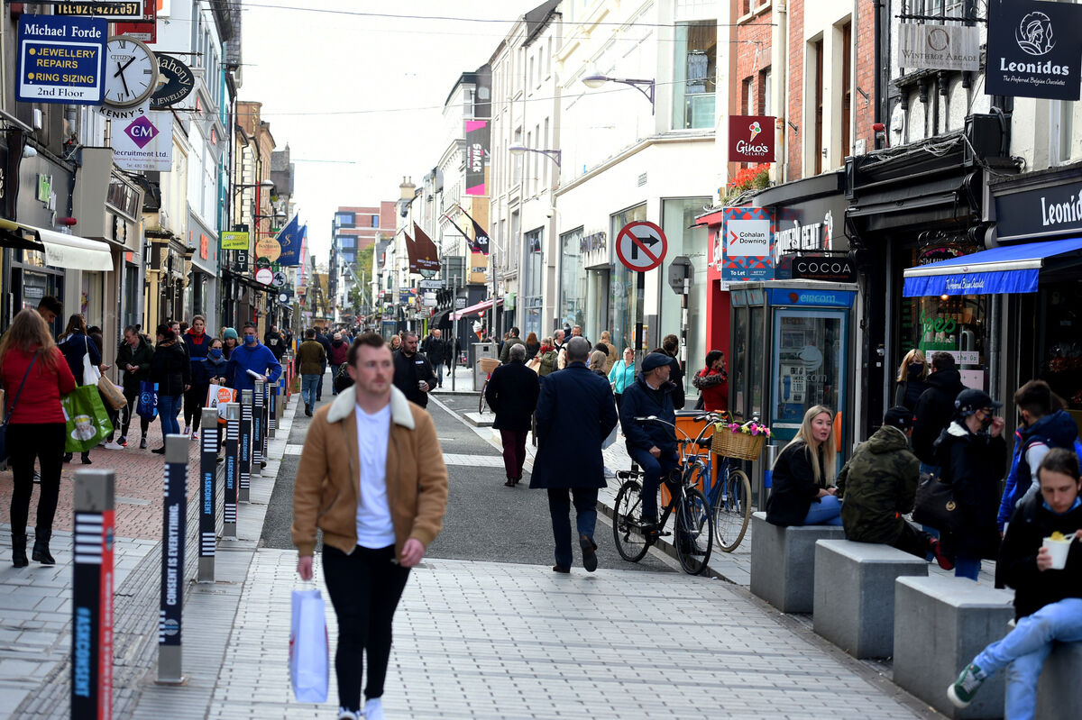 A busy Oliver Plunkett Street in Cork when non-essential retail was open last year. Picture: Larry Cummins