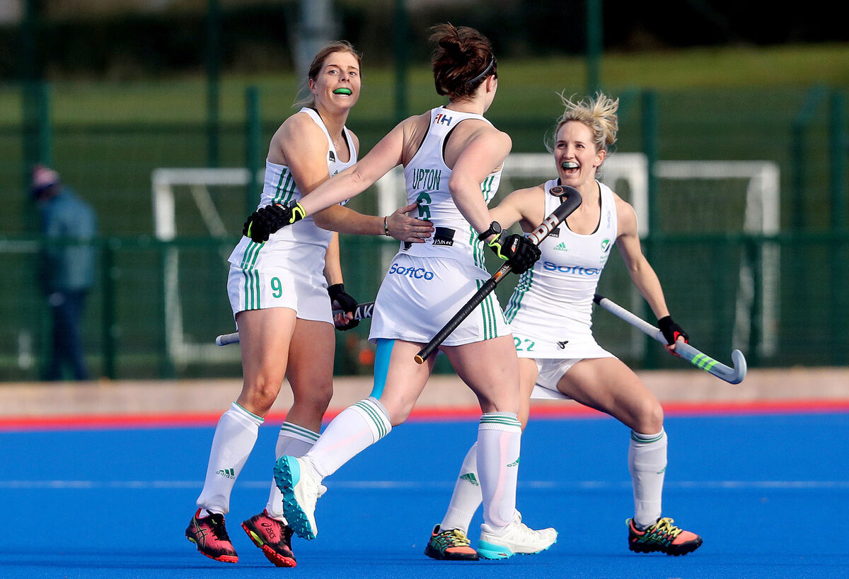 Ireland's Roisin Upton celebrates scoring a goal with Katie Mullan and Nicci Daly. Picture: INPHO/Bryan Keane