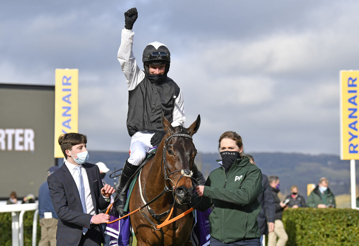 Danny Mullins on Flooring Porter celebrates after winning. Picture: INPHO/Francesca Altoft