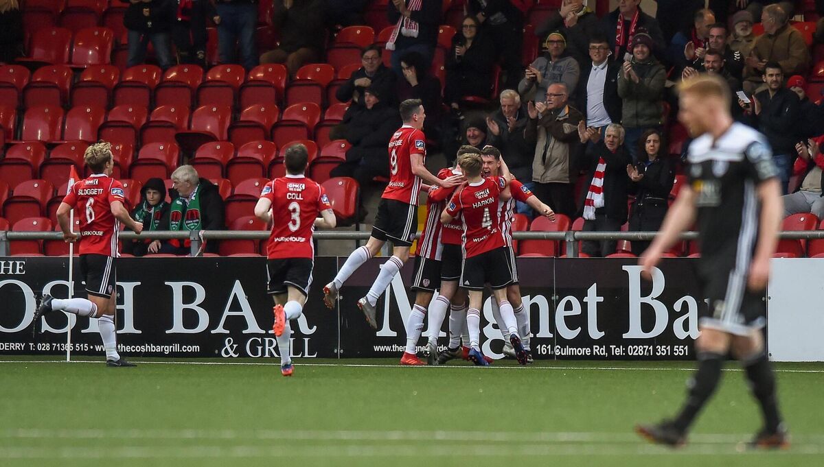 Derry City players celebrate after scoring their first goal during the SSE Airtricity League Premier Division match against Cork City in 2019. Picture: Oliver McVeigh/Sportsfile Derry City players celebrate after scoring their first goal during the SSE Airtricity League Premier Division match against Cork City in 2019. Picture: Oliver McVeigh/Sportsfile