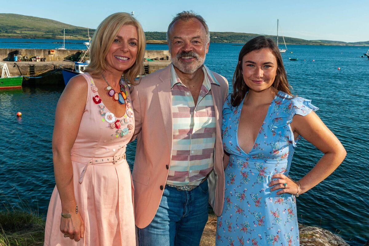Sun-kissed in Ahakista. Young Offenders actor Jennifer Barry with  Graham Norton and Ahakista Festival's chair Eilis Hodnett.  Photo: Andy Gibson.